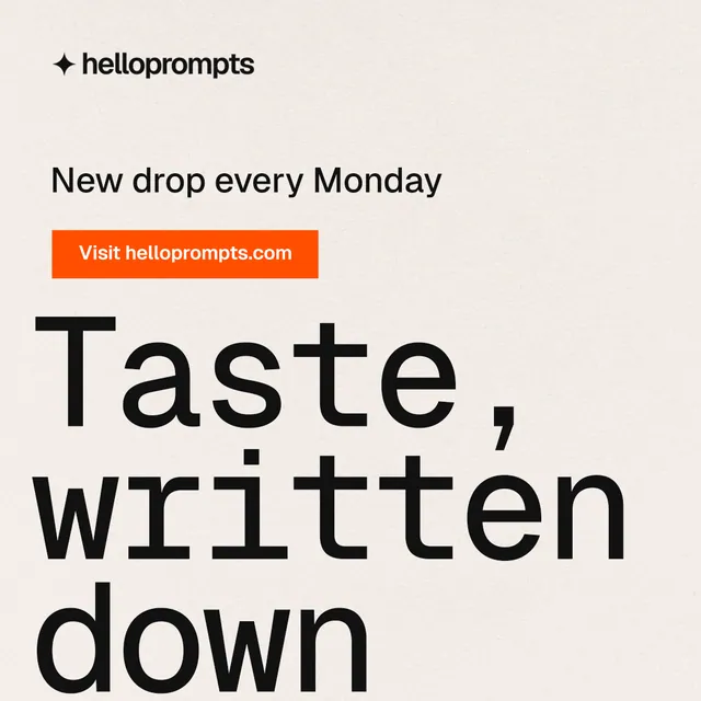 Instagram post for HelloPrompts: "Say it like an art director." Swiss style, oversized layout, light palette in white, orange, grey.