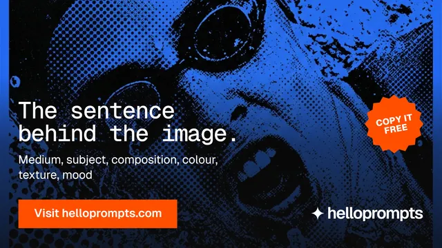 Landscape graphic for HelloPrompts: "The sentence behind the image." Swiss style, sticker layout, dark palette in blue, black.