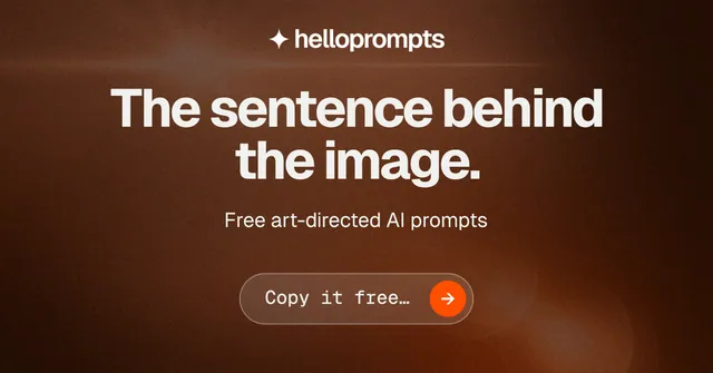 Social ad for HelloPrompts: "The sentence behind the image." Agentic glass style, centred layout, dark palette in orange, black.