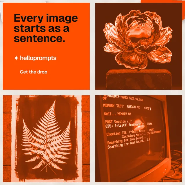 Instagram post for HelloPrompts: "Every image starts as a sentence." Retro print style, collage layout, dark palette in orange.