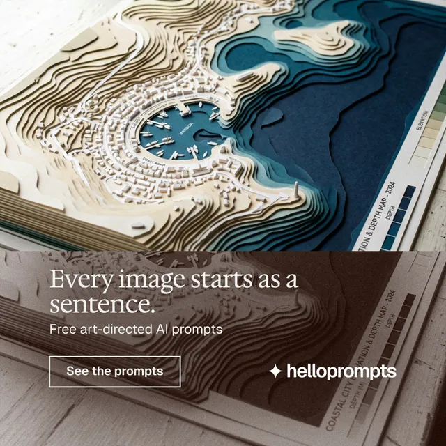 Instagram post for HelloPrompts: "Every image starts as a sentence." Editorial style, bottom layout, light palette in black, grey, yellow.
