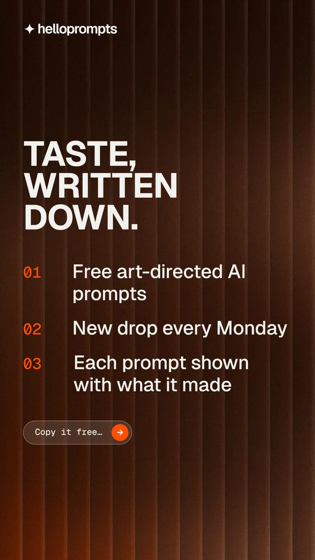 Instagram story for HelloPrompts: "Taste, written down." Agentic glass style, numbered layout, dark palette in orange, black, grey.