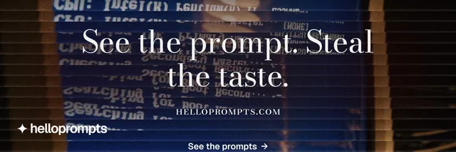 X header for HelloPrompts: "See the prompt. Steal the taste." Minimal luxury style, smallcaps layout, dark palette in blue, black, grey.