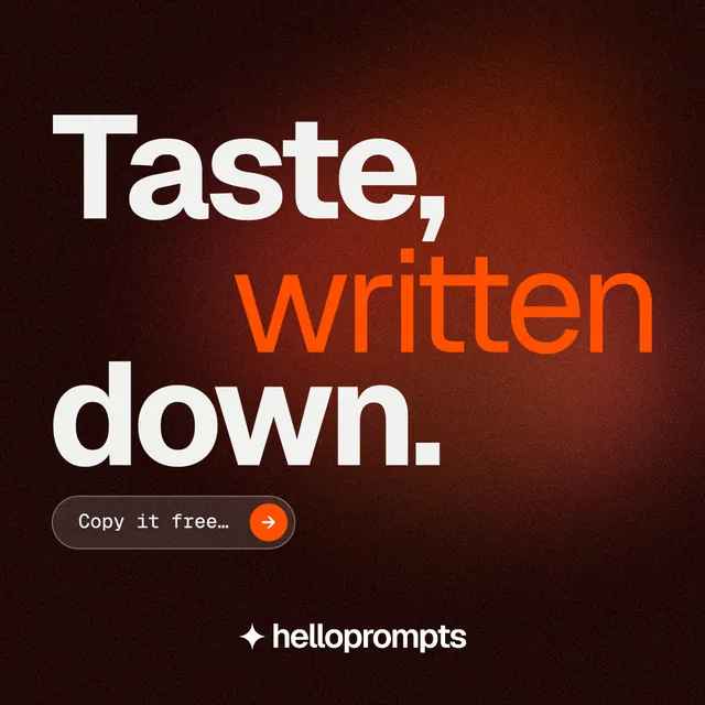 Instagram post for HelloPrompts: "Taste, written down." Agentic glass style, stacked layout, dark palette in red, black.