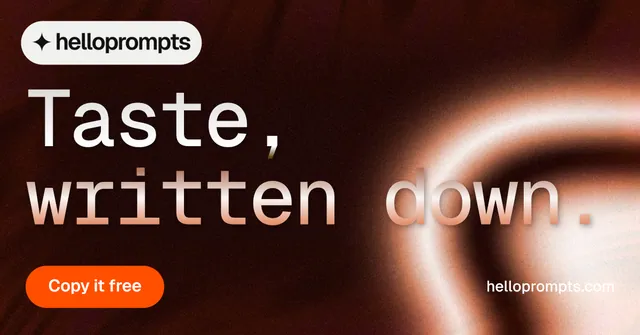 Social ad for HelloPrompts: "Taste, written down." Y2K style, poster layout, dark palette in orange, black, red.