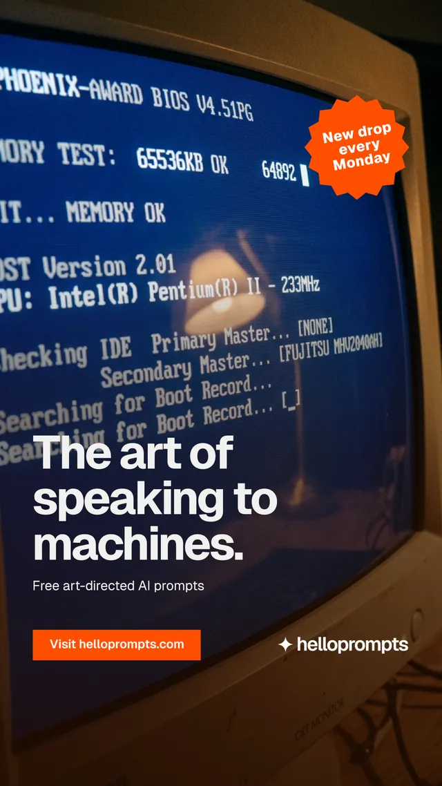 Instagram story for HelloPrompts: "The art of speaking to machines." Swiss style, sticker layout, dark palette in orange, blue, grey.