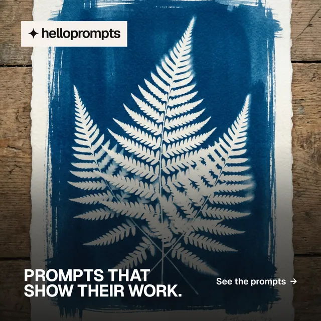 Instagram post for HelloPrompts: "Prompts that show their work." Swiss style, image led layout, dark palette in blue, grey, white.