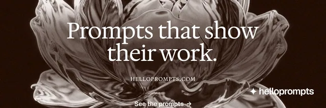 X header for HelloPrompts: "Prompts that show their work." Editorial style, smallcaps layout, dark palette in black, grey, orange.
