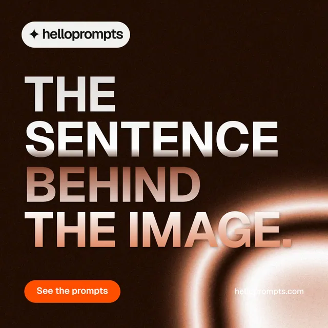 Instagram post for HelloPrompts: "The sentence behind the image." Y2K style, poster layout, dark palette in black, orange.