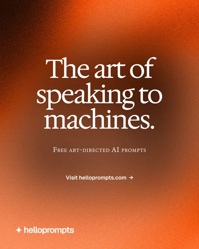 Instagram portrait post for HelloPrompts: "The art of speaking to machines." Agentic glass style, smallcaps layout, dark palette in orange, brown.
