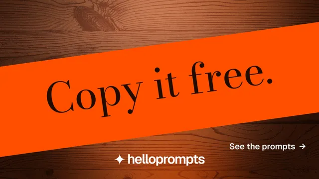 Landscape graphic for HelloPrompts: "Copy it free." Minimal luxury style, diagonal layout, dark palette in orange.