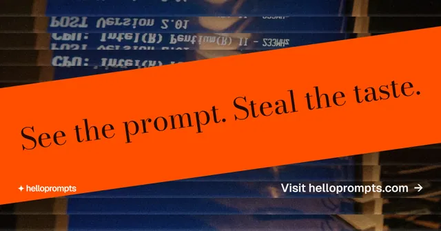 Social ad for HelloPrompts: "See the prompt. Steal the taste." Minimal luxury style, diagonal layout, dark palette in orange, blue, red.