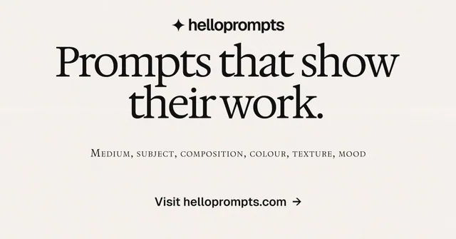 Social ad for HelloPrompts: "Prompts that show their work." Swiss style, smallcaps layout, light palette in white, grey.