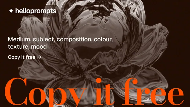 Landscape graphic for HelloPrompts: "See the prompt. Steal the taste." Minimal luxury style, oversized layout, dark palette in black, orange, grey.