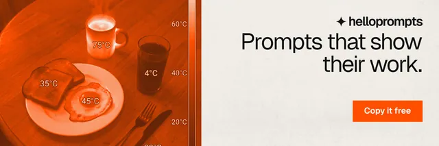 X header for HelloPrompts: "Prompts that show their work." Swiss style, right layout, light palette in white, orange.