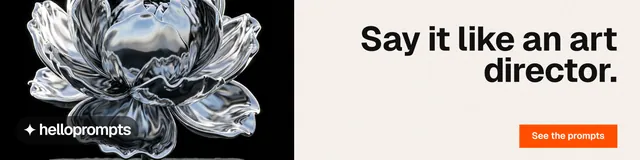 LinkedIn banner for HelloPrompts: "Say it like an art director." Swiss style, right layout, light palette in white, grey, black.