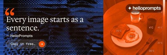 X header for HelloPrompts: "Prompts that show their work." Agentic glass style, quote layout, dark palette in blue, orange, black.