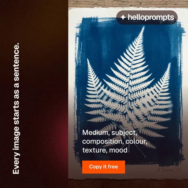 Instagram post for HelloPrompts: "Every image starts as a sentence." Swiss style, vertical layout, dark palette in black, blue, grey.