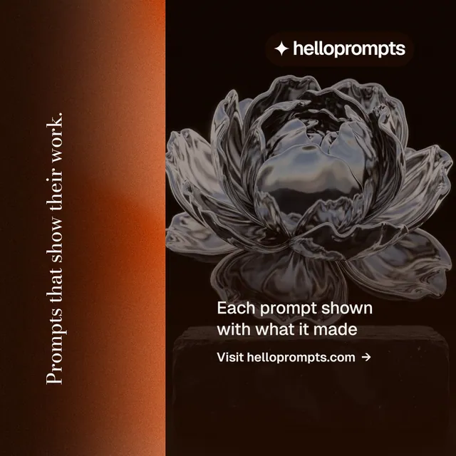 Instagram post for HelloPrompts: "Prompts that show their work." Minimal luxury style, vertical layout, dark palette in orange, black.