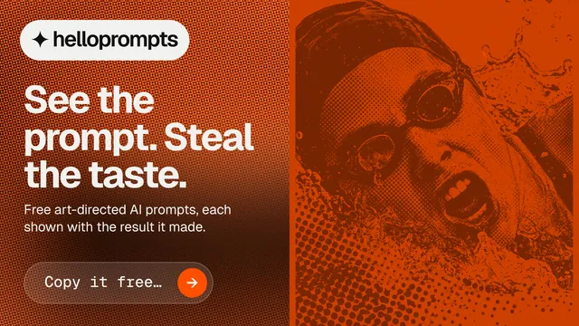 Landscape graphic for HelloPrompts: "See the prompt. Steal the taste." Agentic glass style, bottom layout, dark palette in orange.