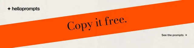 LinkedIn banner for HelloPrompts: "Copy it free." Minimal luxury style, diagonal layout, light palette in yellow, orange.