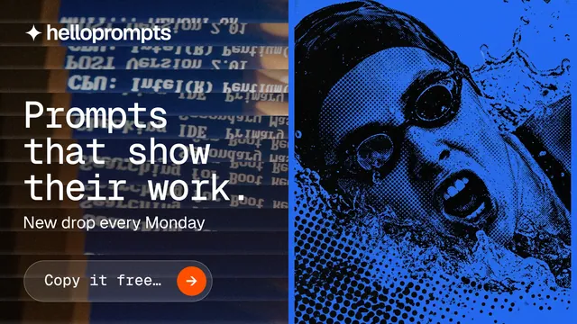 Landscape graphic for HelloPrompts: "Prompts that show their work." Agentic glass style, bottom layout, dark palette in blue, black.