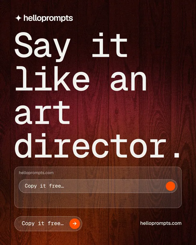 Instagram portrait post for HelloPrompts: "Say it like an art director." Agentic glass style, poster layout, dark palette in red, black.