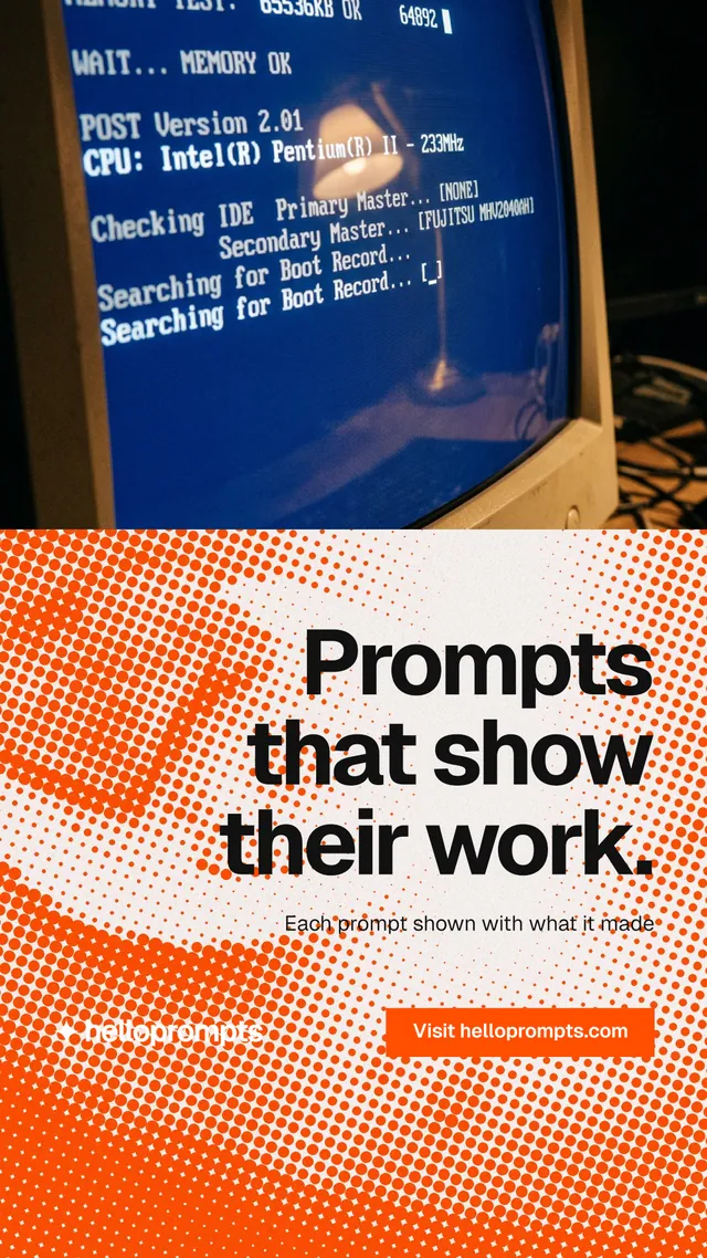 Instagram story for HelloPrompts: "Prompts that show their work." Split block style, right layout, light palette in blue, orange.