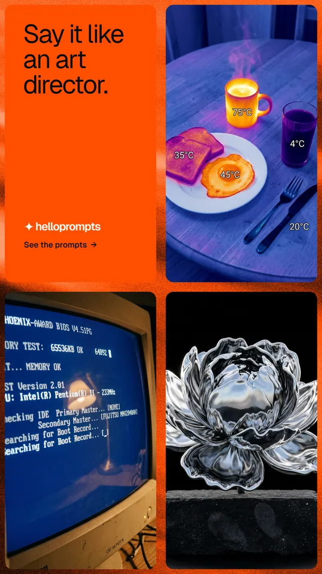 Instagram story for HelloPrompts: "Say it like an art director." Agentic glass style, collage layout, dark palette in orange, blue, grey.