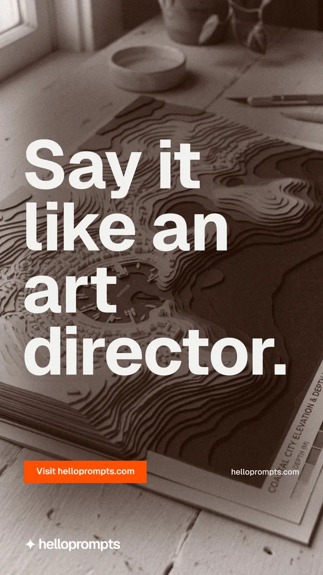 Instagram story for HelloPrompts: "Say it like an art director." Swiss style, poster layout, dark palette in orange, grey.