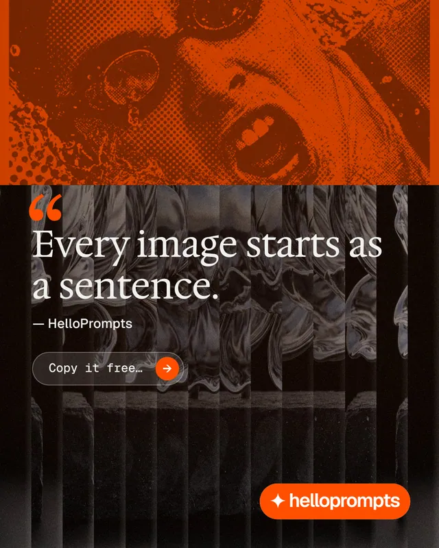 Instagram portrait post for HelloPrompts: "Say it like an art director." Agentic glass style, quote layout, dark palette in black, orange, brown.