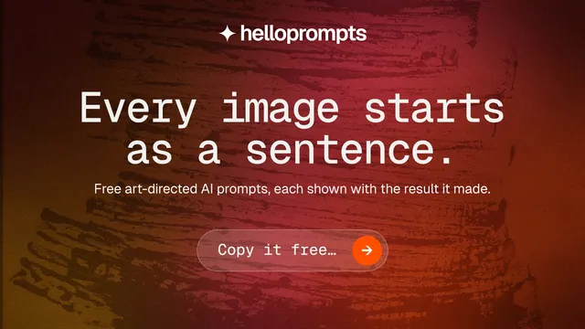 Landscape graphic for HelloPrompts: "Every image starts as a sentence." Agentic glass style, centred layout, dark palette in red.