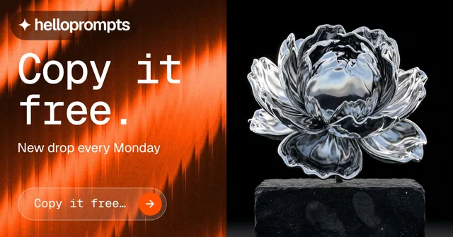 Social ad for HelloPrompts: "Copy it free." Agentic glass style, bottom layout, dark palette in black, orange, grey.