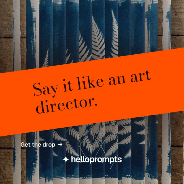 Instagram post for HelloPrompts: "Say it like an art director." Minimal luxury style, diagonal layout, dark palette in blue, orange, grey.