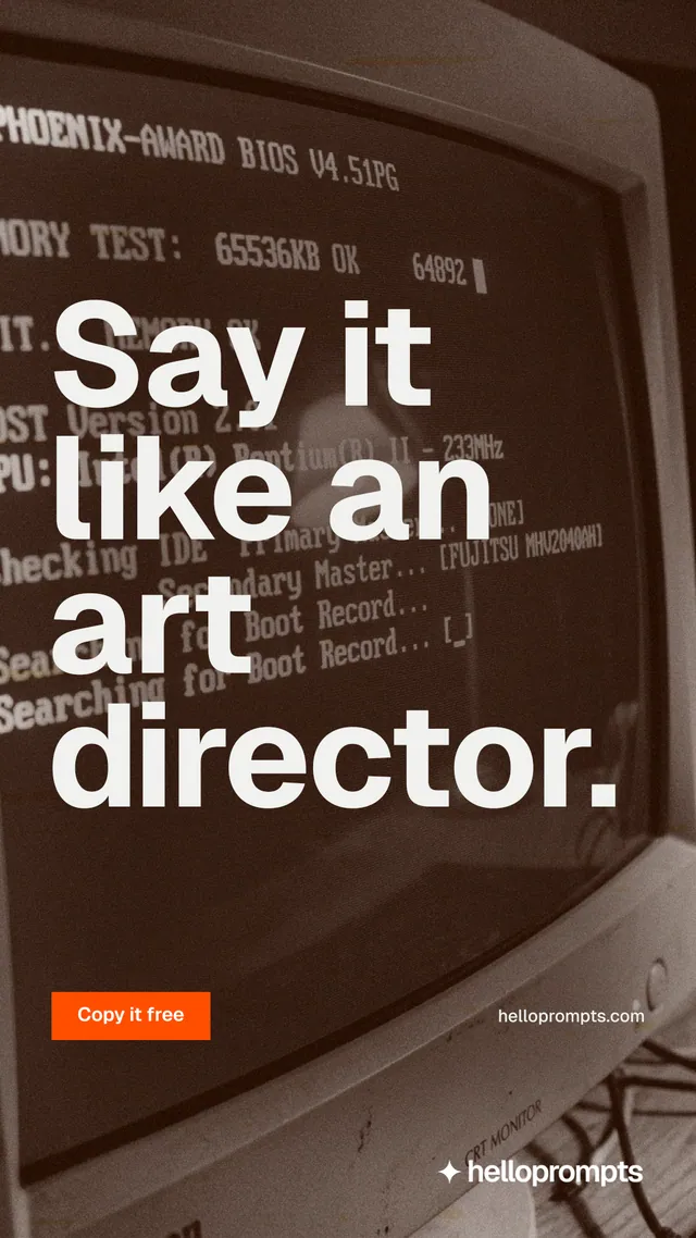 Instagram story for HelloPrompts: "Say it like an art director." Swiss style, poster layout, dark palette in orange, grey.