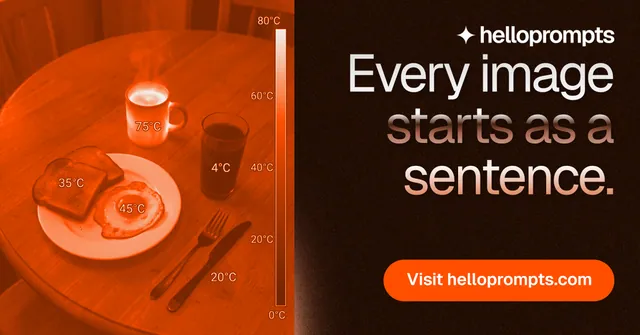 Social ad for HelloPrompts: "Every image starts as a sentence." Y2K style, right layout, dark palette in orange, black.