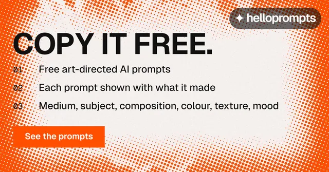 Social ad for HelloPrompts: "Copy it free." Swiss style, numbered layout, light palette in orange, brown, white.
