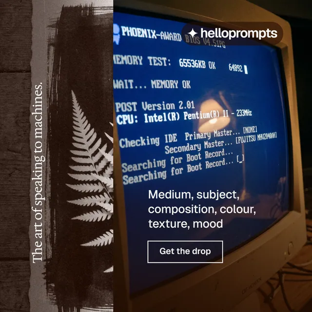 Instagram post for HelloPrompts: "The art of speaking to machines." Editorial style, vertical layout, dark palette in orange, black, grey.