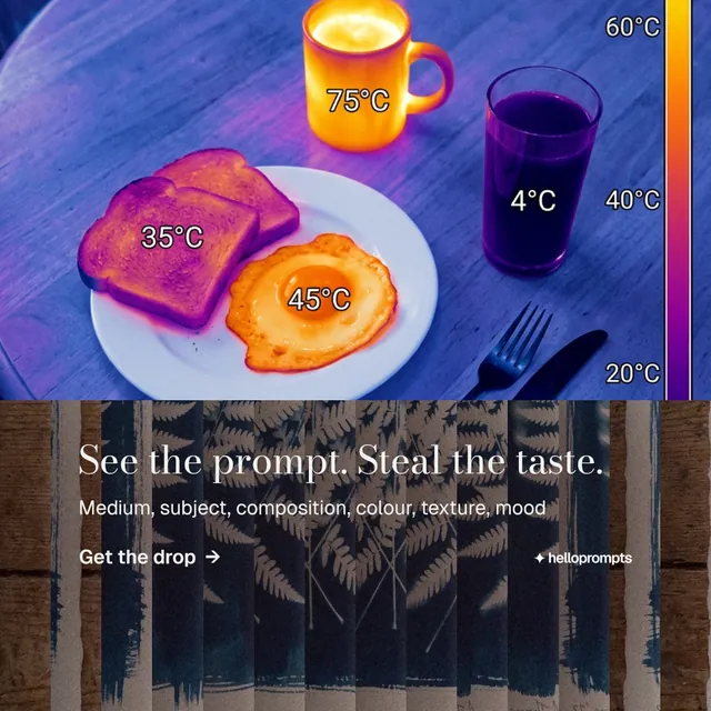 Instagram post for HelloPrompts: "See the prompt. Steal the taste." Minimal luxury style, bottom layout, dark palette in blue, pink, grey.