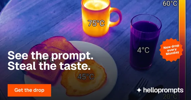 Social ad for HelloPrompts: "See the prompt. Steal the taste." Swiss style, sticker layout, dark palette in blue, purple, pink.