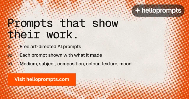 Social ad for HelloPrompts: "Prompts that show their work." Swiss style, numbered layout, light palette in orange.