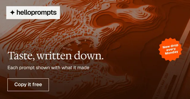 Social ad for HelloPrompts: "Taste, written down." Editorial style, sticker layout, dark palette in orange, brown, grey.