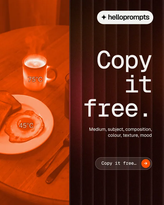 Instagram portrait post for HelloPrompts: "Copy it free." Agentic glass style, right layout, dark palette in black, red, orange.