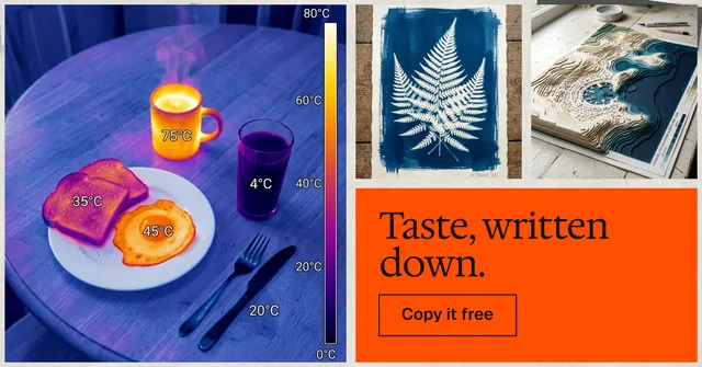 Social ad for HelloPrompts: "Taste, written down." Editorial style, collage layout, light palette in blue, orange, grey.