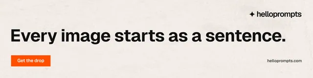 LinkedIn banner for HelloPrompts: "Every image starts as a sentence." Swiss style, poster layout, light palette in white, orange, grey.