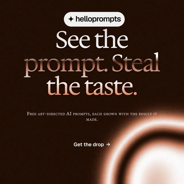 Instagram post for HelloPrompts: "See the prompt. Steal the taste." Y2K style, smallcaps layout, dark palette in black, orange.