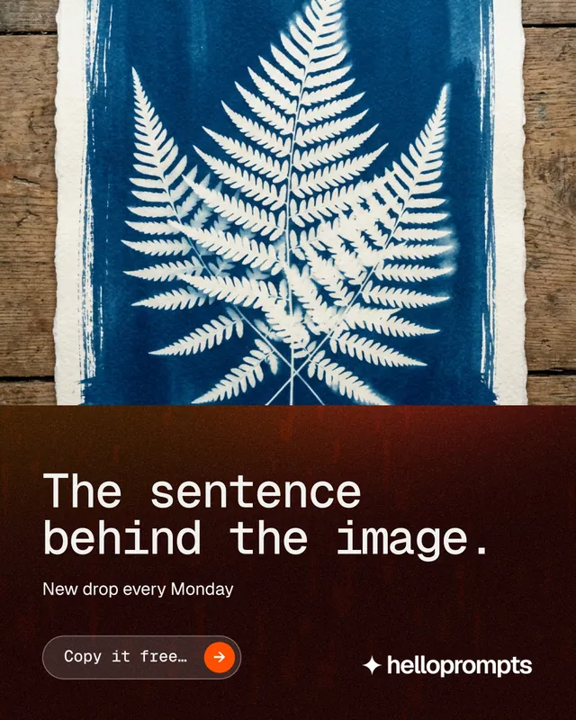 Instagram portrait post for HelloPrompts: "The sentence behind the image." Agentic glass style, bottom layout, dark palette in red, grey, blue.