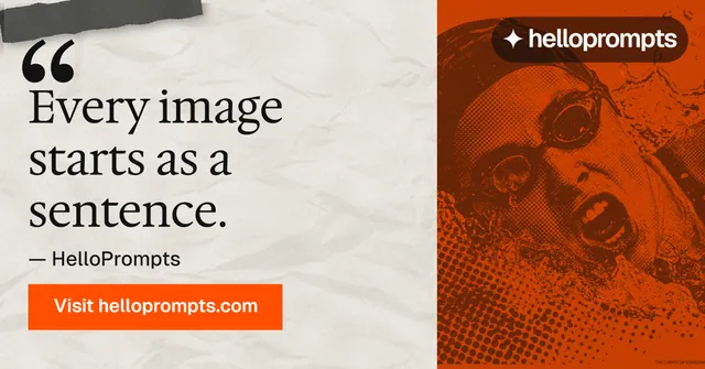 Social ad for HelloPrompts: "Say it like an art director." Retro print style, quote layout, light palette in white, orange, brown.
