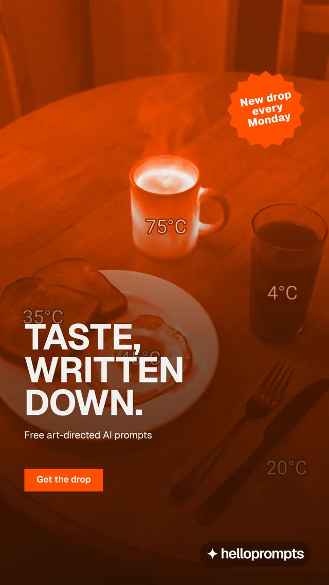 Instagram story for HelloPrompts: "Taste, written down." Swiss style, sticker layout, dark palette in orange, brown.