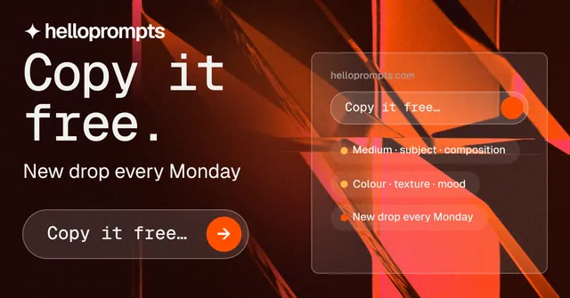 Social ad for HelloPrompts: "Copy it free." Agentic glass style, skeleton layout, dark palette in red, black.